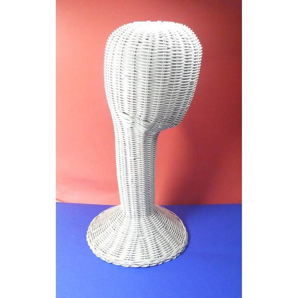 White Wicker Mannequin Head Hat Stand Display Vintage MCM 19" Tall Long Neck - Picture 7 of 14